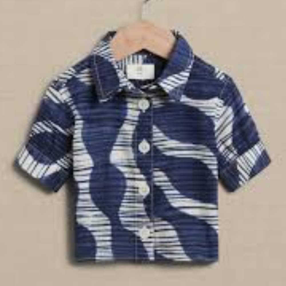 Banana Republic Print Kids Preppy Navy & White Button Down Shirt Sz 6-12 Months
